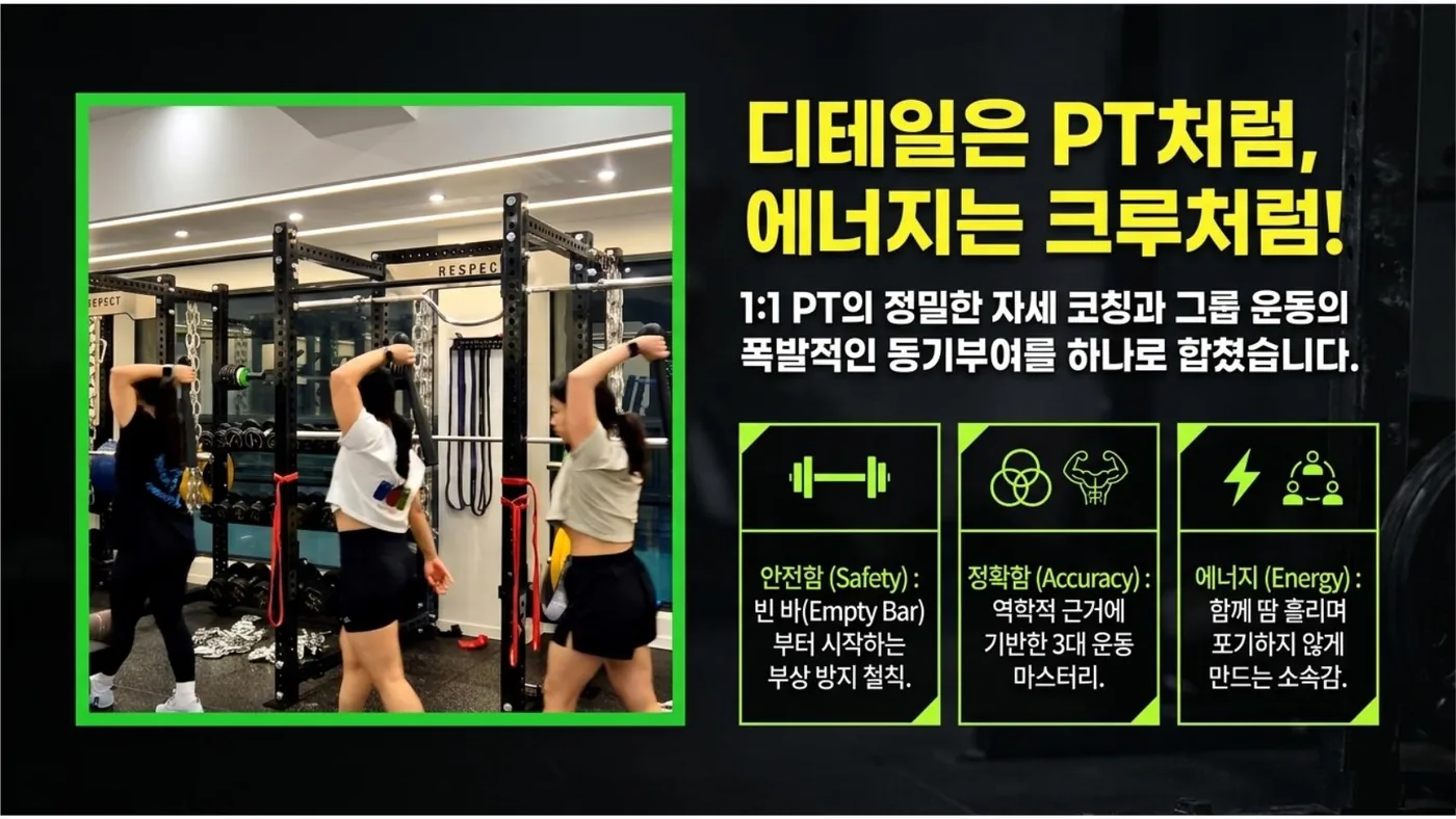힘의터전 크루 그룹운동 수업 장면 — 안전함, 정확함, 에너지